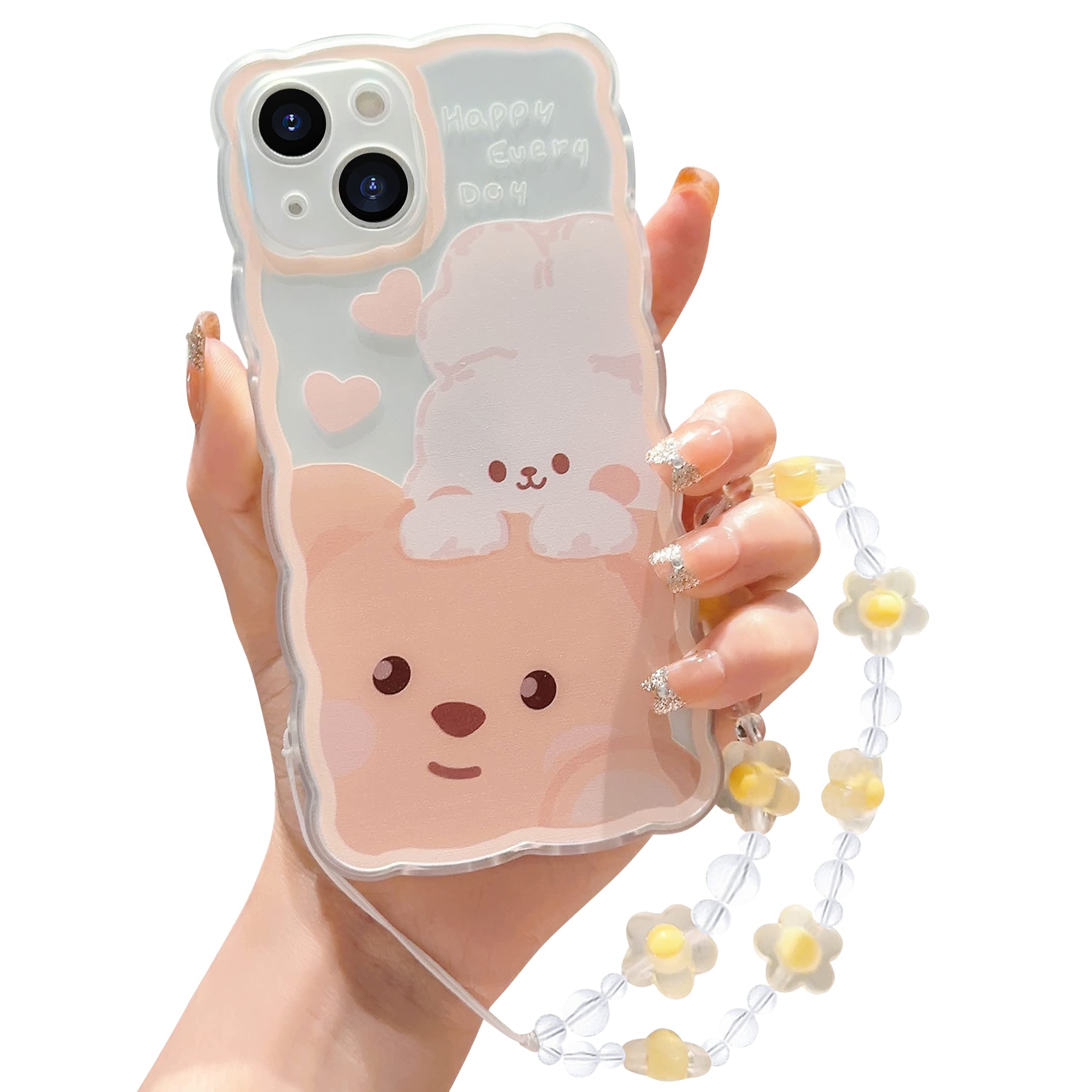 ZSYTZL Compatible with iPhone 14 Case Cute Cartoon Little Bear Rabbit Pattern with Cute Chain Design for Women Girls Aesthetic Kawaii Slim Soft TPU Transparent Case for iPhone 14-Bear Rabbit