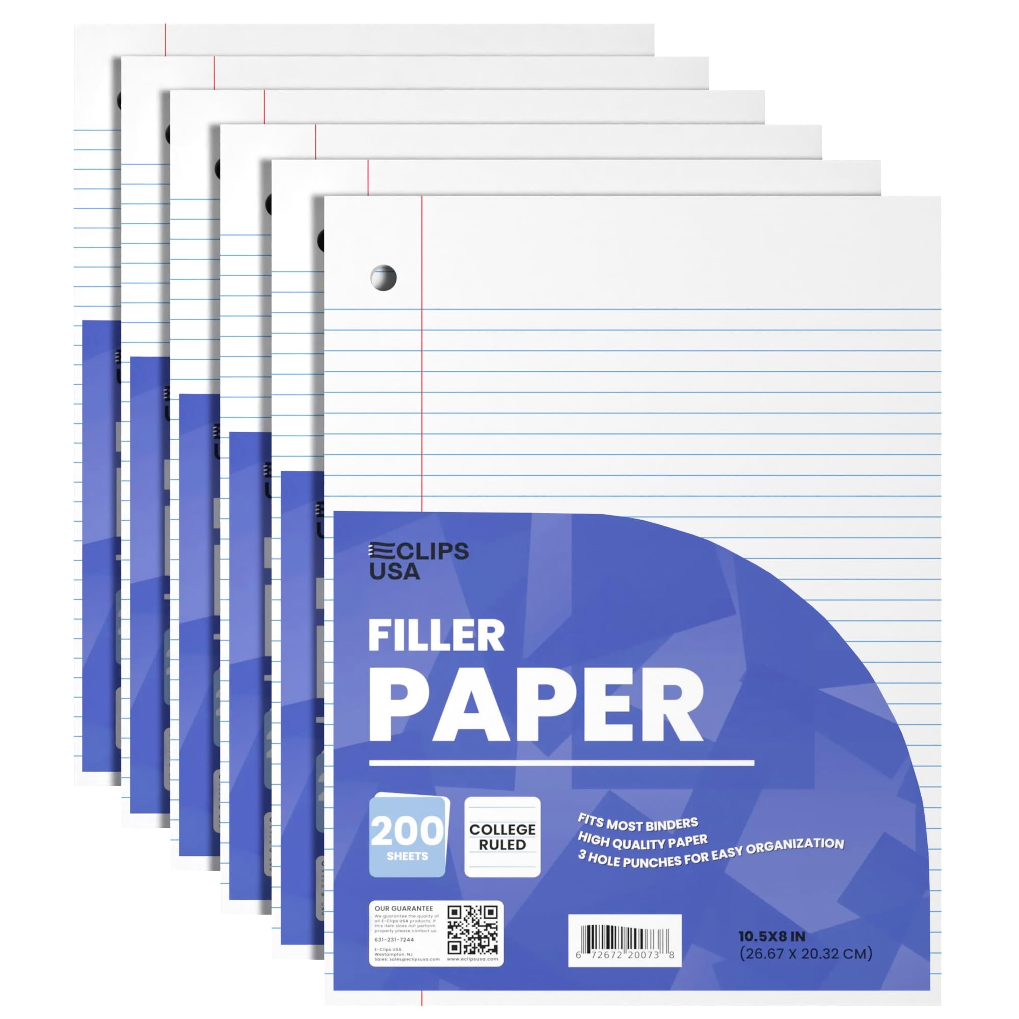 Notizbuchpapier, College-Papier, liniert, lose Blätter, 6 Stück, Füllpapier, 26,7 x 20,3 cm, Füllpapier, 200 Blatt pro Packung, 60 g/m² (6 Stück)