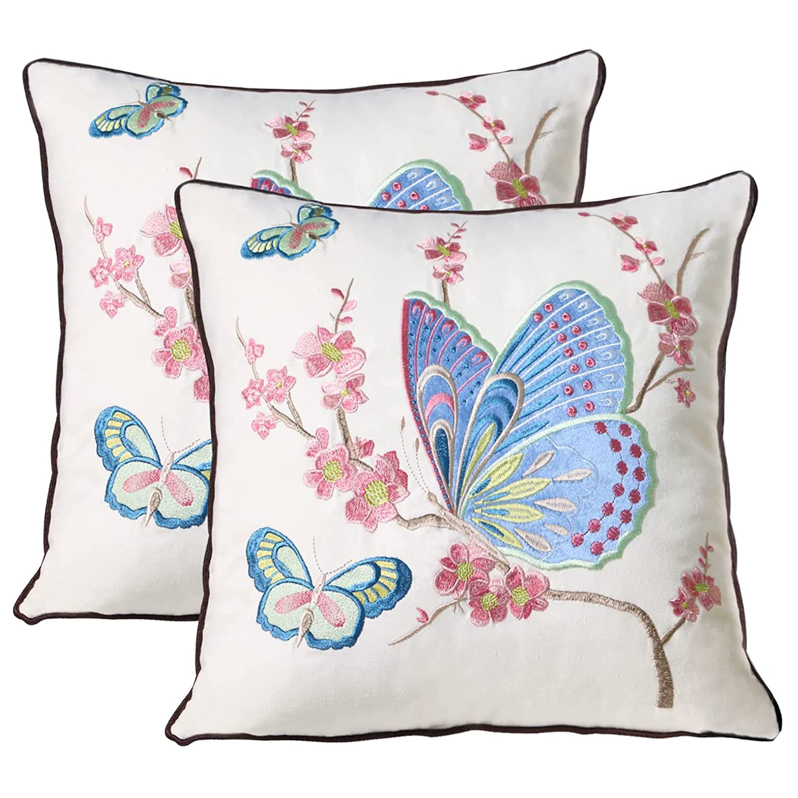 Pilmandu Set of 2 Embroidered Decorative Throw Pillow Covers 45x45cm Couch Square Pillowcases Cushion for Bedroom Sofa Farmhouse Decor (Blue Butterfly)