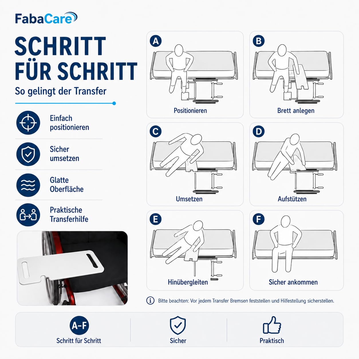 FabaCare Rutschbrett für Rollstühle EasyTransfer – Transferhilfe mit Aussparung für Reifen & Greifreifen, Rollstuhlbrett mit Grifföffnungen, Umsetzhilfe für Rollstuhl, Bett & Stuhl, 70 x 23 cm