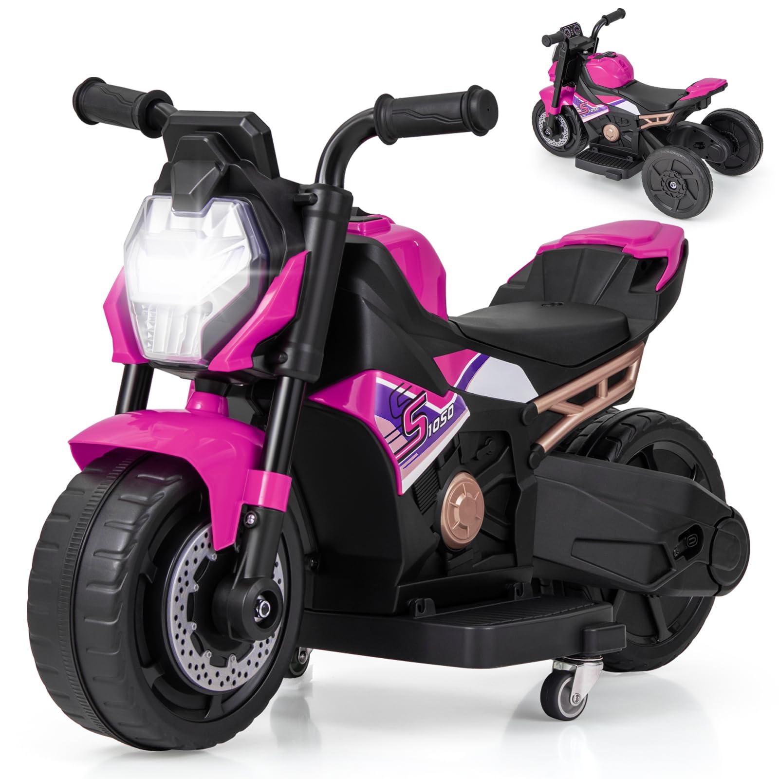 COSTWAY 6V Kids Electric Motorbike, 3 Wheel Toddler Ride on Motorcycle with Detachable Training Wheels, LED Light, Music, Battery Powered Vehicle Toy for 18-36 Months Old (Pink)