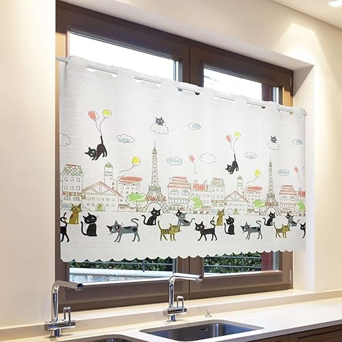 Cortina de cocina para ventanas pequeñas, cortinas de 17.728.335.4 pulgadas, bonito patrón, semitransparente, privacidad del baño (gato París, 39.4