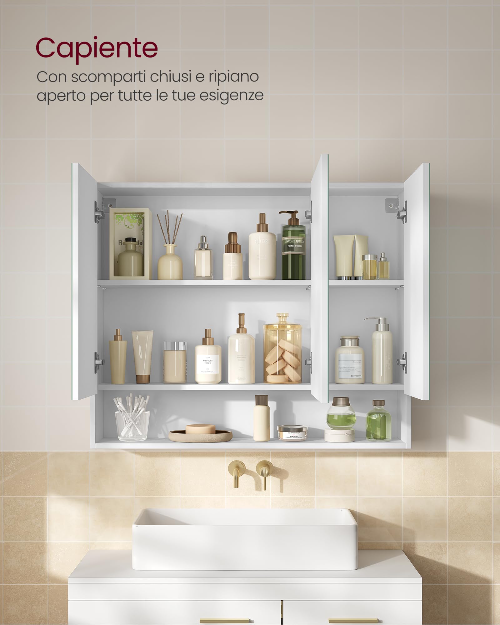 VASAGLE KAILYN Collezione - Armadietto Bagno da Parete con Ante a Specchio, Mobiletto Pensile Bagno, Ripiani Regolabili, Stile Moderno, 16,5 x 90 x 75 cm, Bianco Nuvola BBK130W01