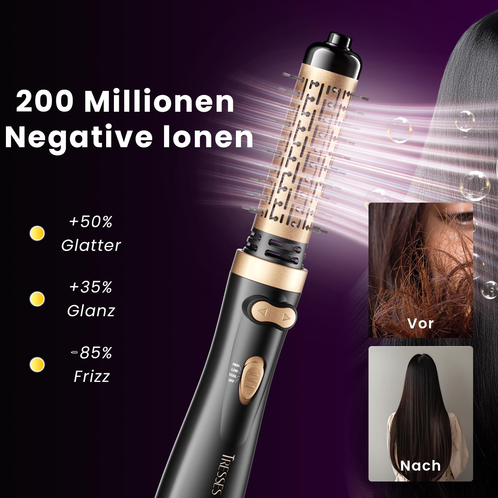 Rotierende Warmluftbürste, 3-in-1 Rundbürstenföhn mit 2 Bürsten (1,5"&2") zum Trocknen Styling Voluminierende Curling Schlafen in einem Schritt, 3 Temperaturen, Negativ-Ionische