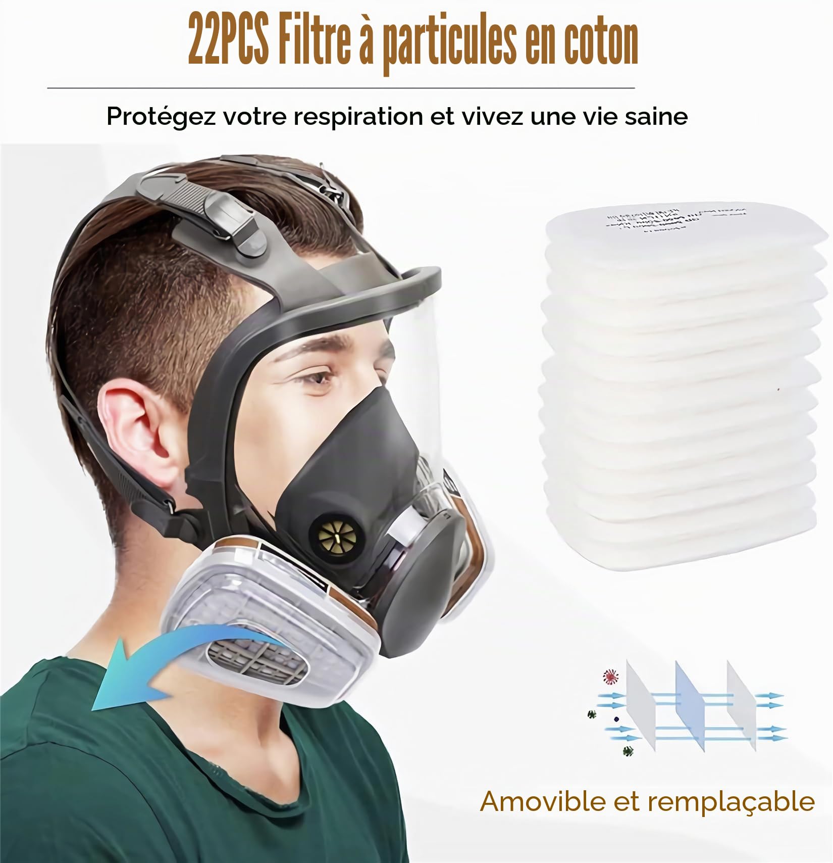 Masque respiratoire réutilisable complet pour le visage, masque à gaz, masque intégral avec filtre, masque industriel anti-poussière pour pulvérisation, ponçage, peinture, polissage, soudage avec 22