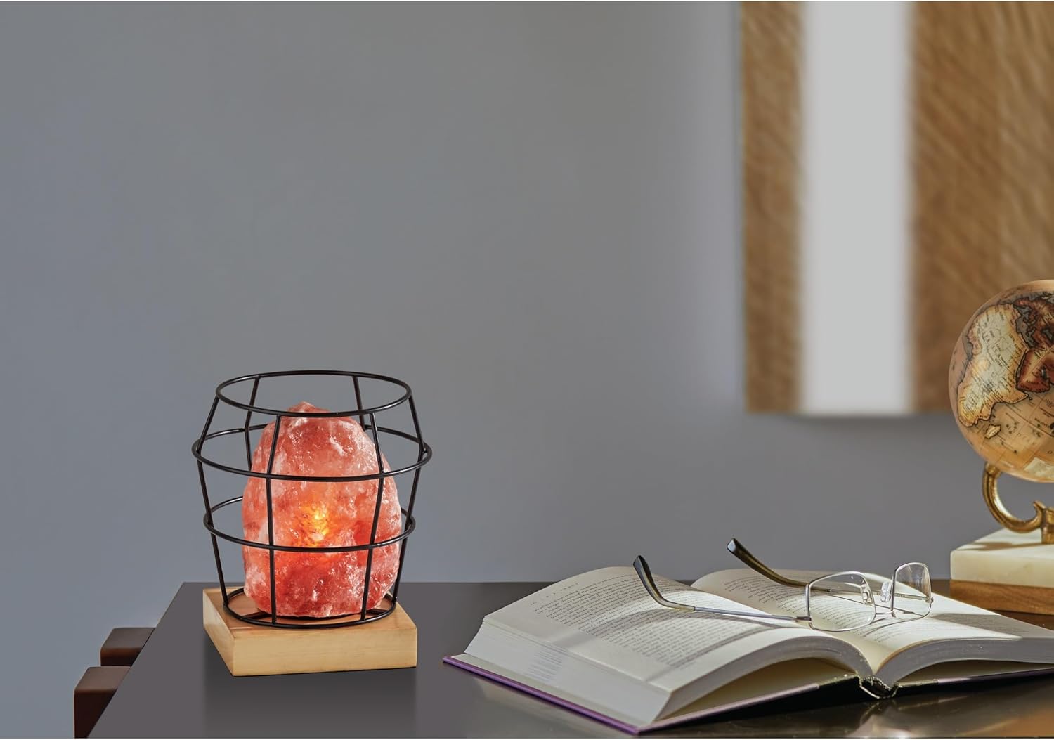 Adesso SL1147-12 Faith Himalayan Salt Table Lamp, 8 in., 7W Type B Bulb, Black Metal/Natural Wood, 1 Novelty Lamp