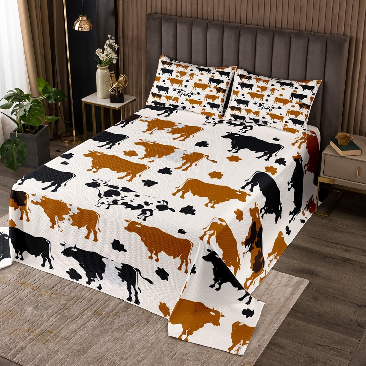 Manfei Rustic Farmhouse Bedspread Queen Size Bedding for Teens Living Room Cow Decor Coverlet Set Cattle Skin Fur Print Quilt Set for All Season,3 Pcs with 2 Pillowcases