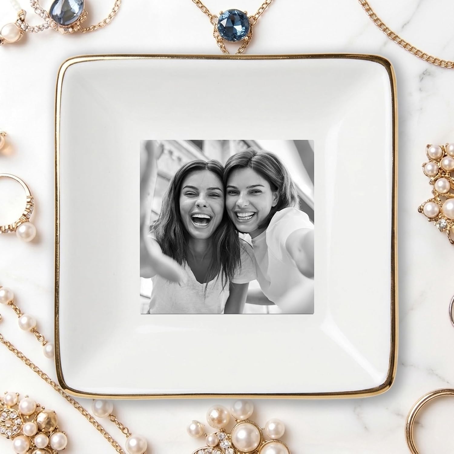 Prsonalized Besties Photo Jewelry Dish, Custom Ring Dish, Picture Trinket Tray, Wedding Keepsake Jewelry Dish, Personalized Mother's Gift, Gift for Mom Grandma Wife Daughter Presents (A3)