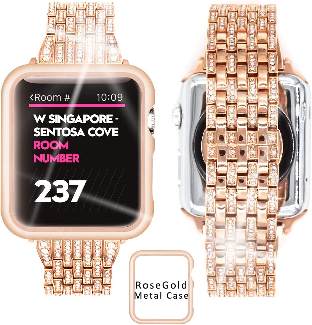 Ezzdo Apple Watch Diamond Band, Rhinestone Luxury Diamond Stainless Steel Replacement Bands for Apple Watch 38mm 42mm Series 1/2/3 (Rose Gold, 38mm)