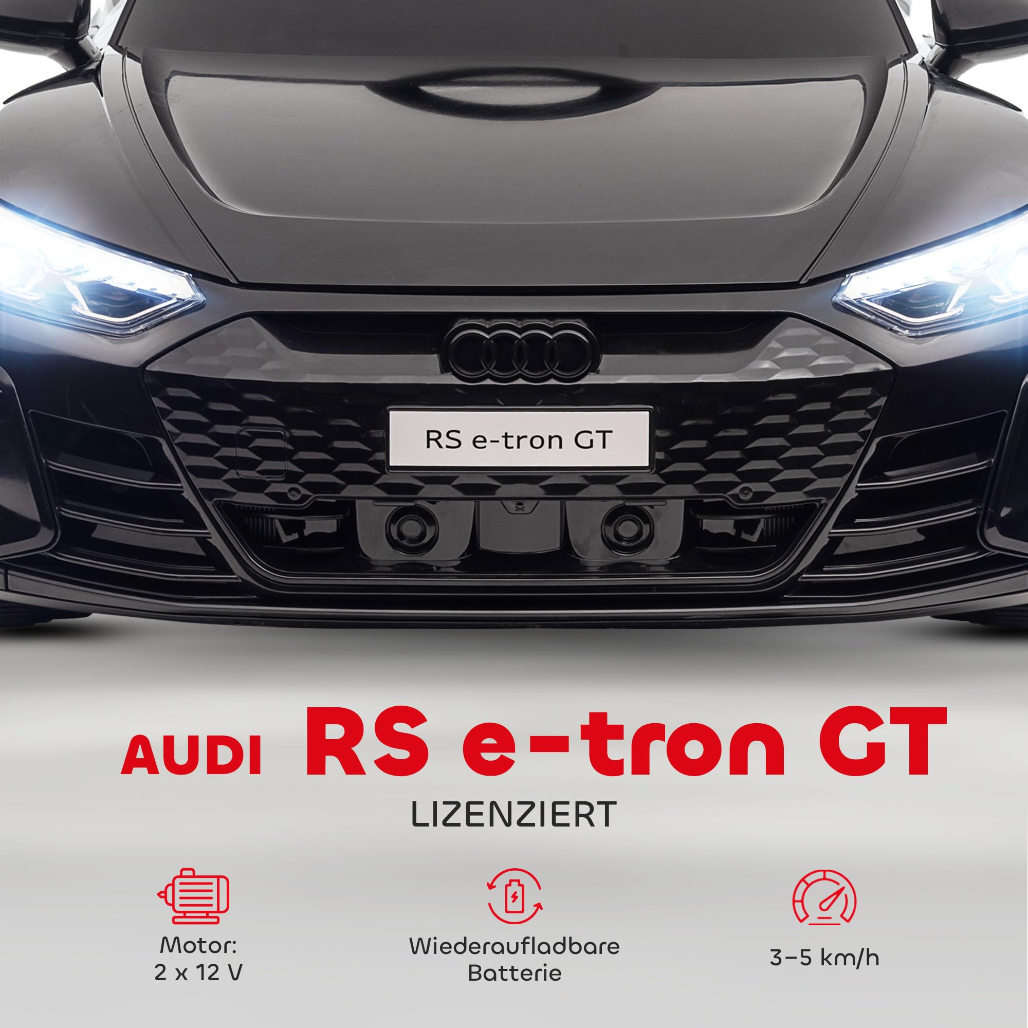 HOMCOM Kinder Elektroauto Audi RS E-tron GT 12V Kinderauto 2 Motor Schwarz | 2,4 GHz Fernbedienung, Hupe, LED, Musik, Sanftstart, Hilfsrad, für 3-5 Jahre Kinder