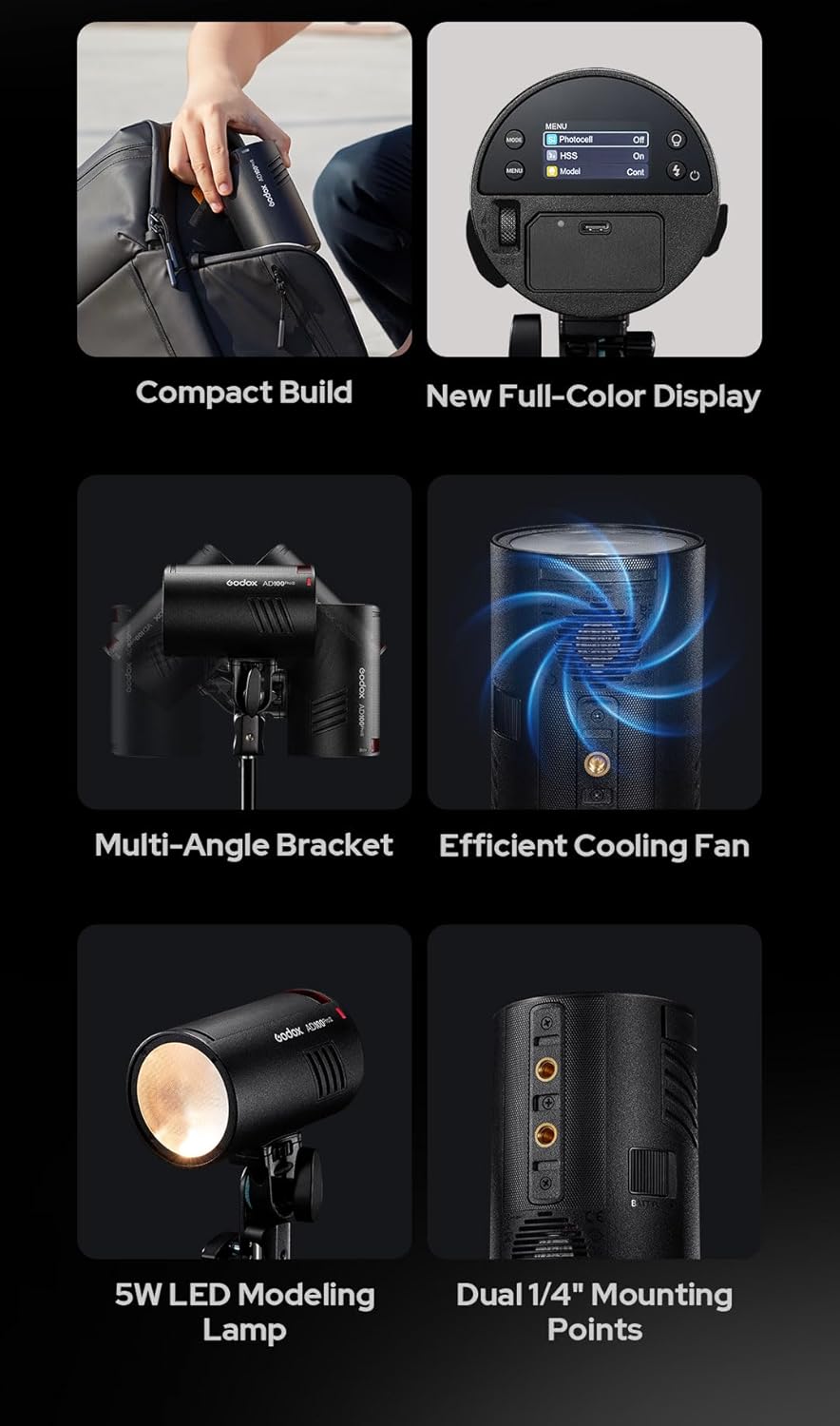 Godox AD100 Pro II AD100Pro II AD100ProII Flash Strobe, 2.4GHz X System+433Mhz Module/3300mAh Battery/2W LED/10 Brightness Levels/490 Full-Power Pops/0.01–1.5s Recycle Time/USB-C Charging/1-256-1/1