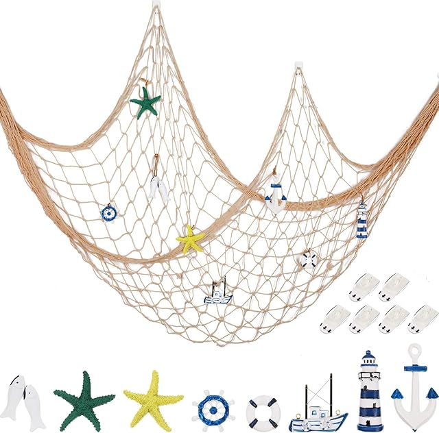 Decorative Fishnet Nautical Fishing Net Wall Hanging Decor, 8 Pieces Starfish, Sailboat, Lighthouse, Life Ring, Rudder, with Transparent Hook for Mermaid Mediterranean Party (Creamy White)