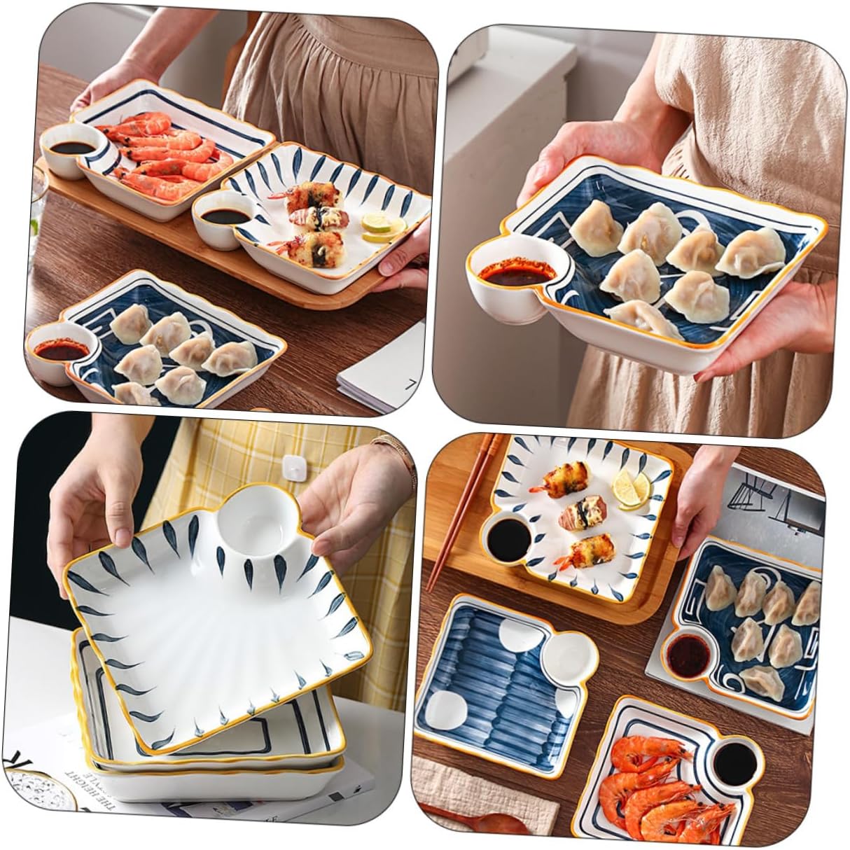 Ciieeo 4 Pcs Ceramic Sushi Plates and Square Divided Trays Japanese Style Dinnerware Set for Serving Dumplings, Fries, and Dipping Sauces at Home Random Color
