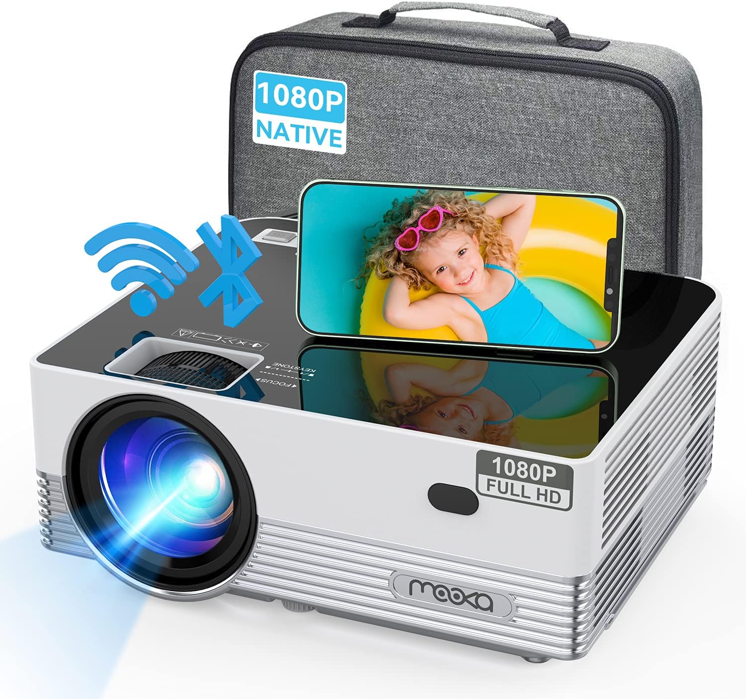 MOOKA Native 1080P WiFi Bluetooth Projector,Upgraded 8500L HD Video Projector with Carrying Bag,Support 4K &300＂Display,Home&Outdoor Movie Projector Compatible with iOS/Android/PC/TV Stick/PS4 : Electronics