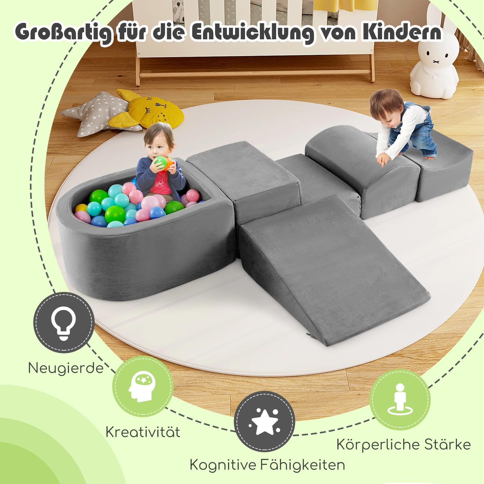 FANTASK 5 TLG. Kinder Softplay-Set, Schaumstoffbausteine mit Bällebad, Riesenbausteine zum Toben und Klettern, Schaumstoff Bausteine für Spielzimmer, Kinderzimmer (Grau)