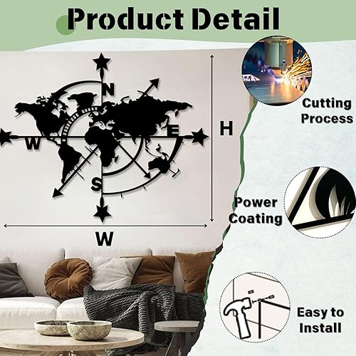 Miniatura 3 de Trpiox Arte de pared de metal con mapa del mundo y brújula, decoración de pared de metal mapa, decoración de pared de brújula para sala de estar,