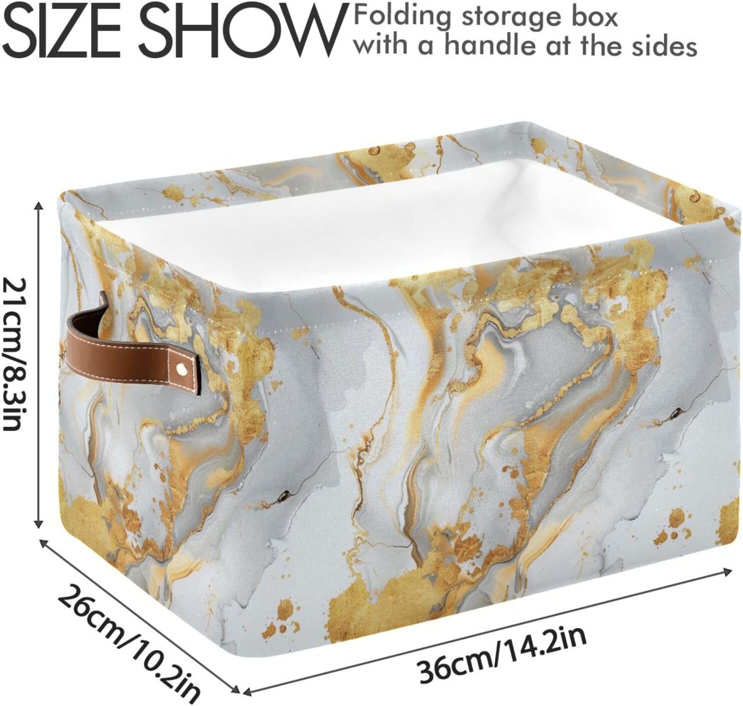 ALAZA Decorative Basket Rectangular Storage Bin, White Gold Marble Organizer Basket with Leather Handles for Home Office