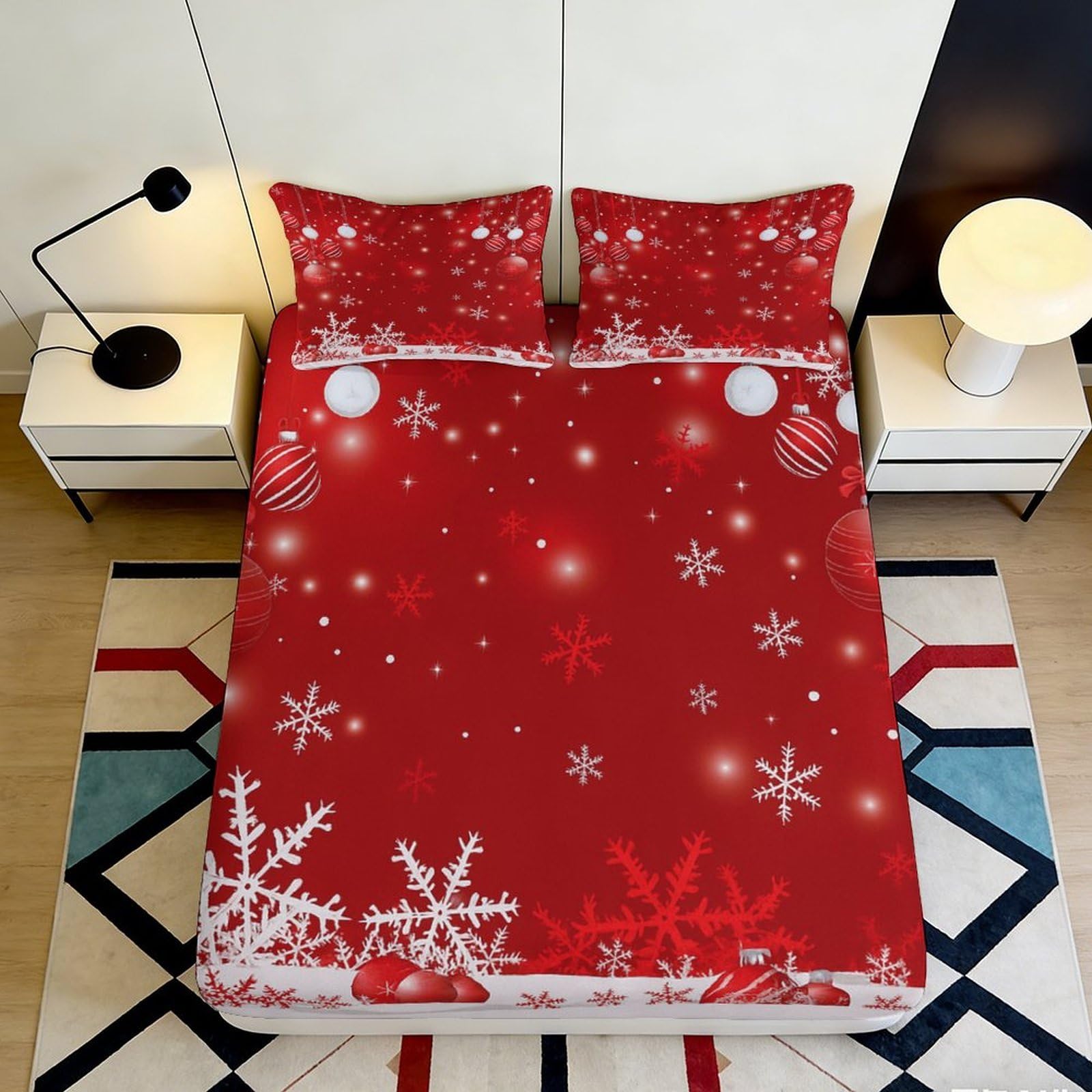 3D Printed Christmas Snowflake Fitted Sheet Microfiber Red Festive Ornament Mattress Cover for Bedroom Guest Room 90x200x25cm