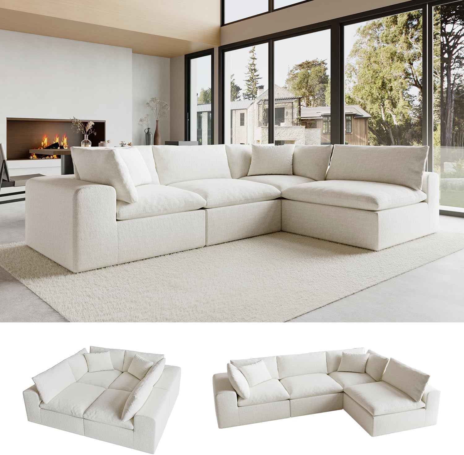 130" Modular L-Shaped Sectional Sofa Deep Seats No-Sag Support Washable Fabric Warm White