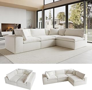 130" Oversized Cloud Couch, Modular L-Shaped Sectional Sofa with Deep Seats, High-Density Foam No-Sag Support, No Assembly Required 4-Seater Washable Fabric Couch for Living Room, Warm White
