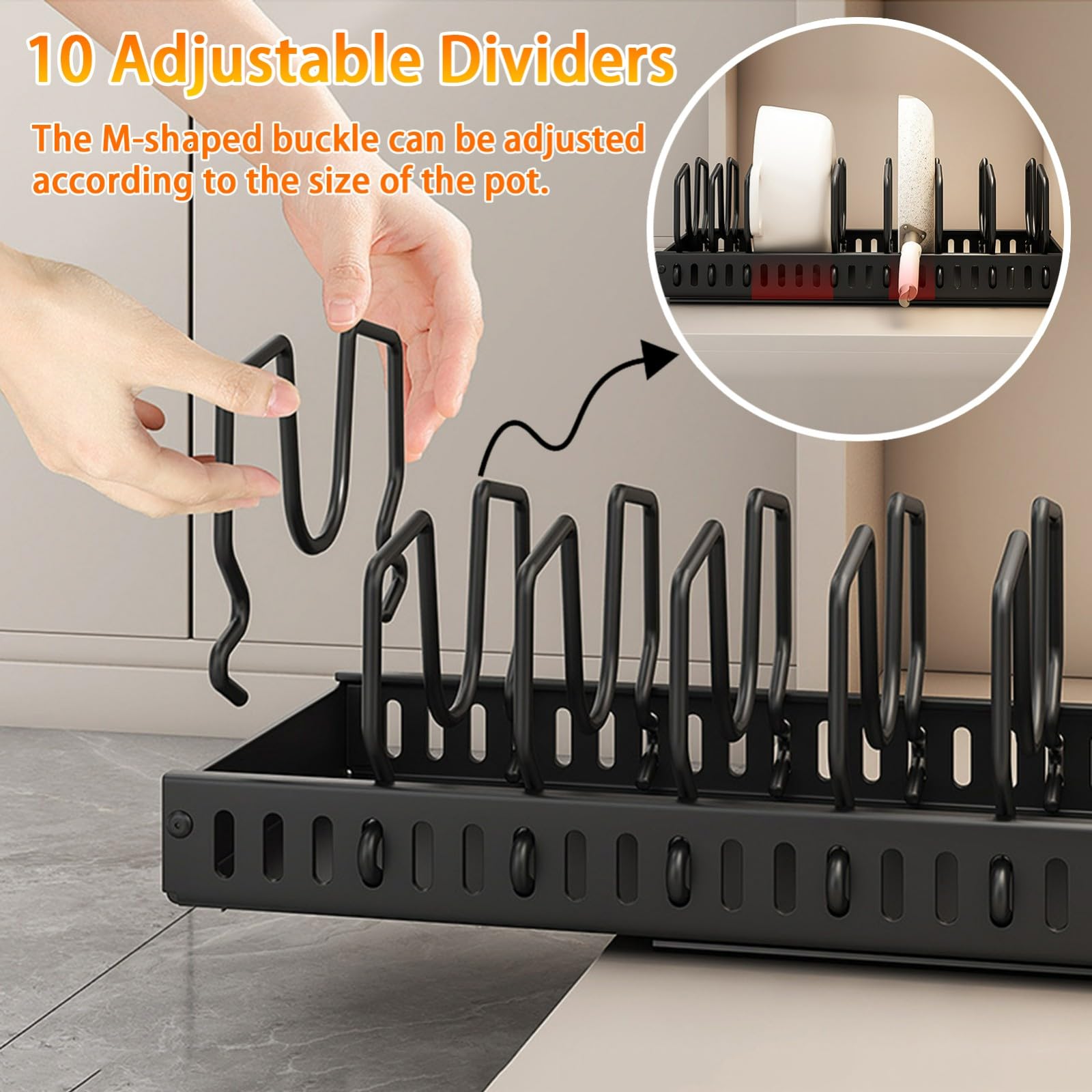 Scolapiatti,Organizer per pentole e padelle sottopensile,portacoperchi Estraibile Profondo 20,5" con Guide adesive,Contenitore pentole,teglie,Piatti,9 divisori Regolabili(Bianco)