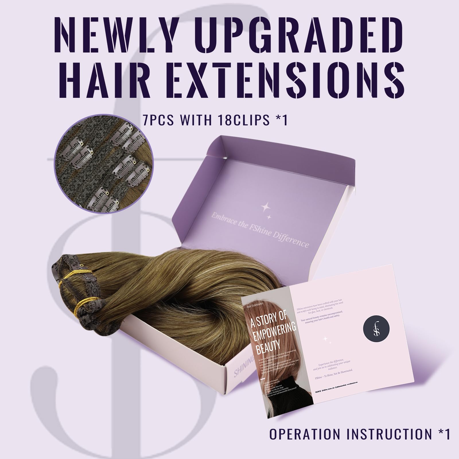 Fshine Extension Capelli Veri Clip 120g 40cm Capelli Umani 7pcs Balayage Castano Medio con Biondo e Marrone Medio Lisci