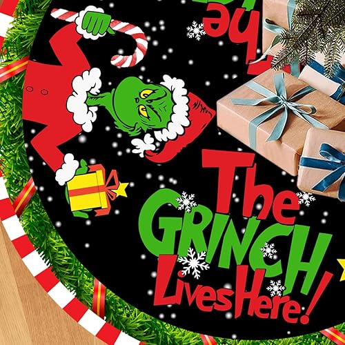 Falda de árbol de Navidad de 48 pulgadas, diseño de The Grinch Lives Here, falda de árbol con copos de nieve para decoraciones de fiesta de Navidad