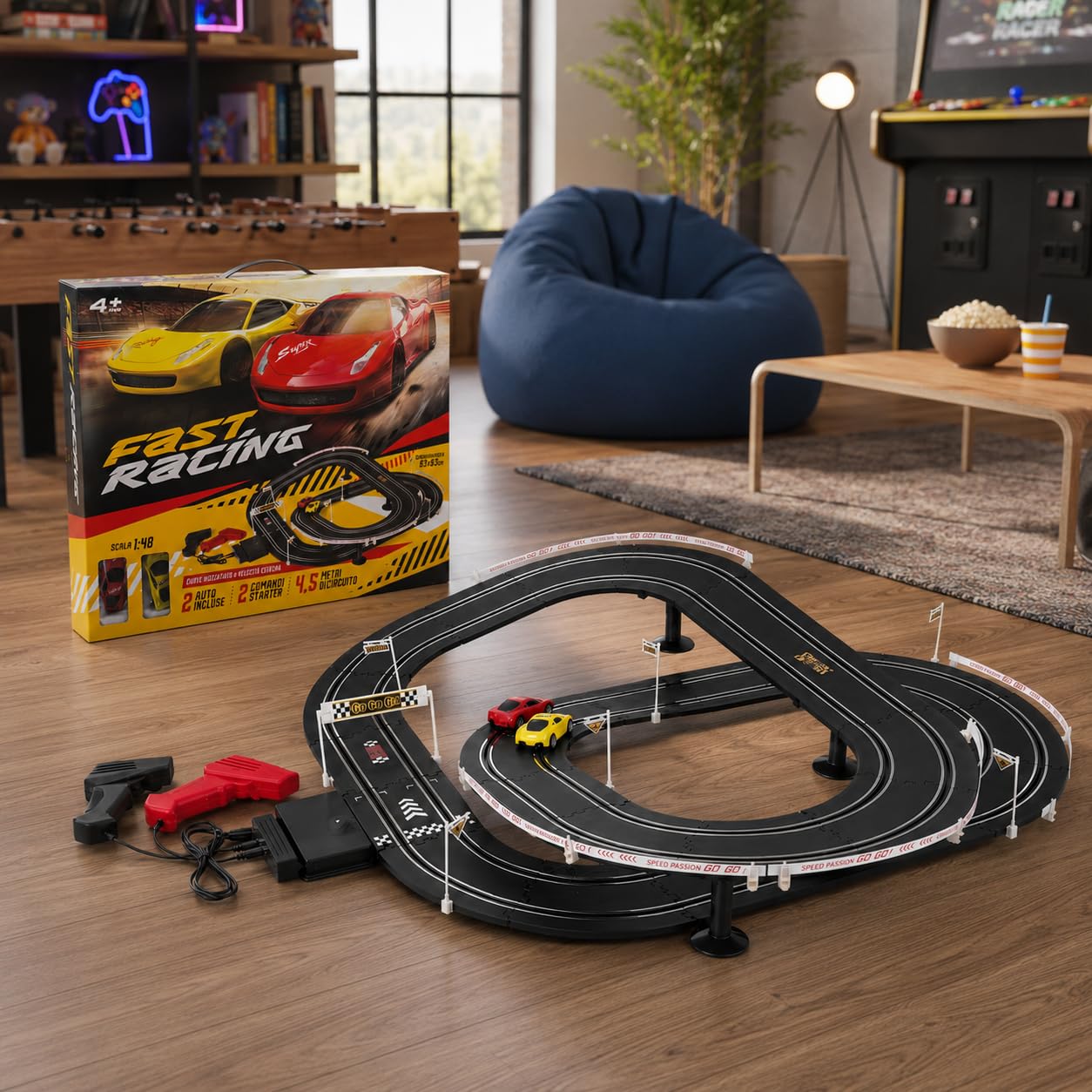 Circuito de carreras de 4,5 metros, pistas de carreras, dos coches, pistas eléctricas, control remoto, circuito eléctrico de carreras, dos coches y controlador (A)