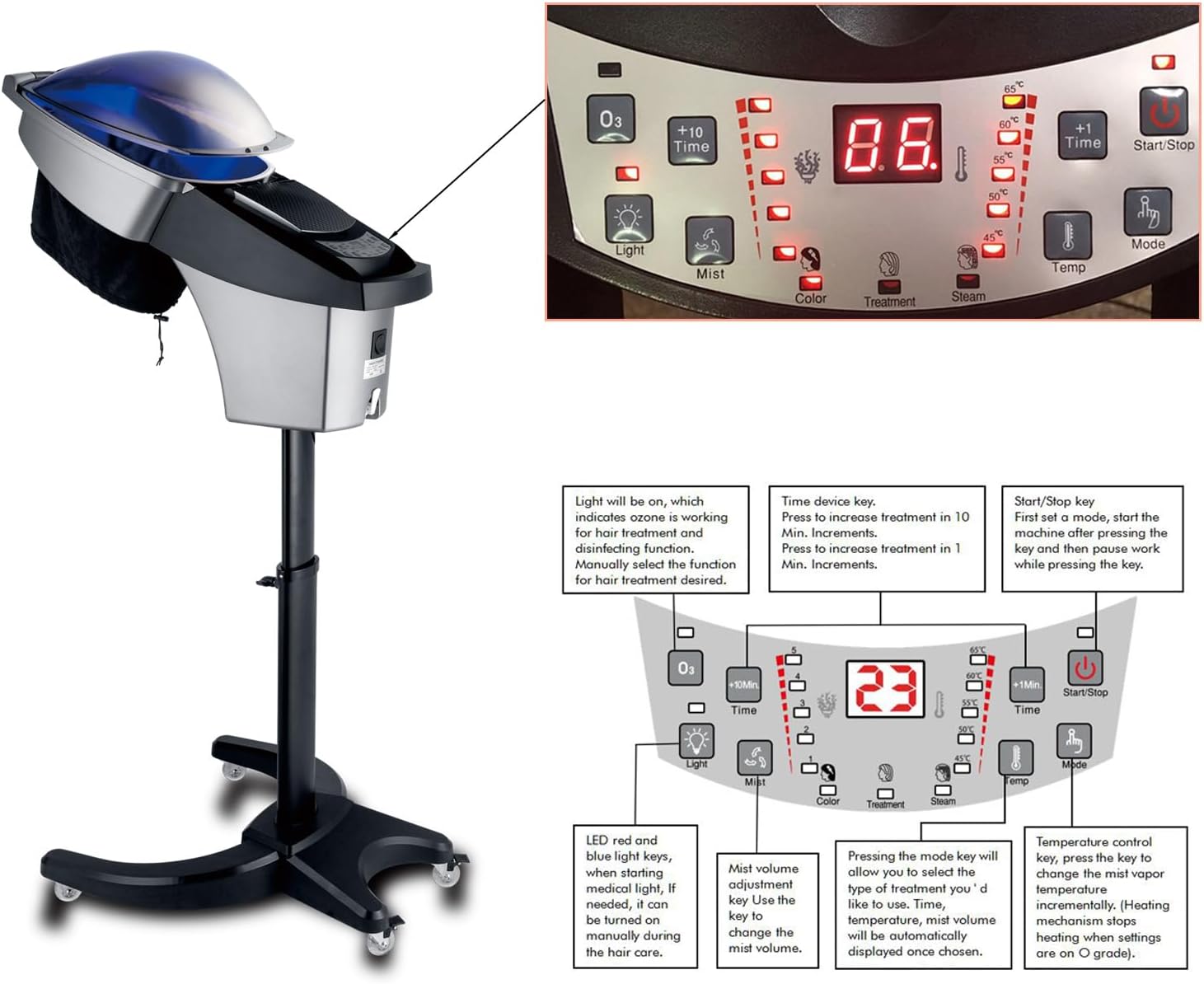 Standing Hair Steamer for deep Conditioning,7 Color Pattern Hooded ,3 Modes,deep Scalp Care, Adjustable Height, Computer-Controlled Panel,Suitable for Hair Salons and Home use - Image 5