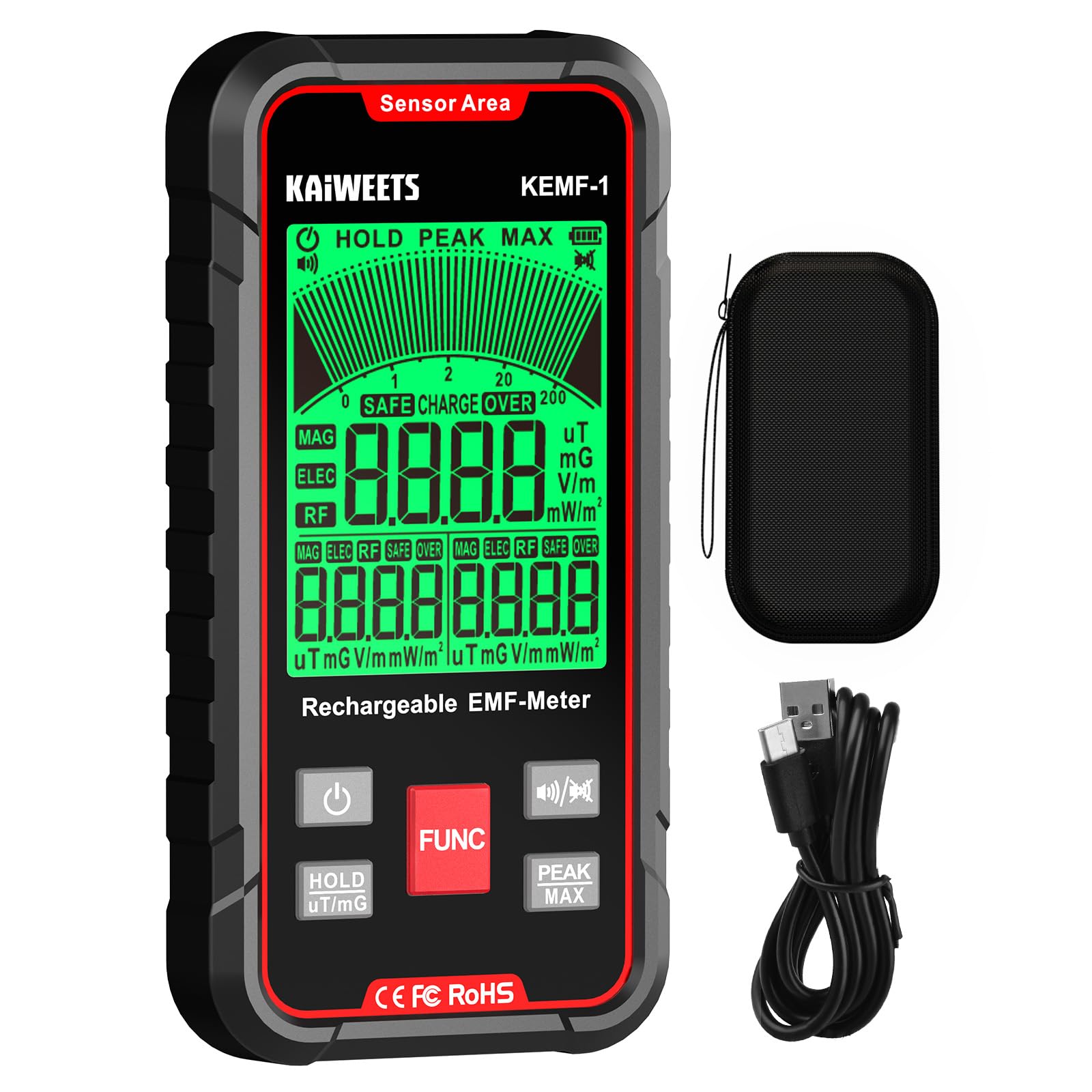 KAIWEETS EMF Messgerät, Gleichzeitige Anzeige von EF/MF/RF-Daten, LED-Display, Typ-C-Ladeanschluss, Tragbar für Zuhause, Büro und Außenbereich