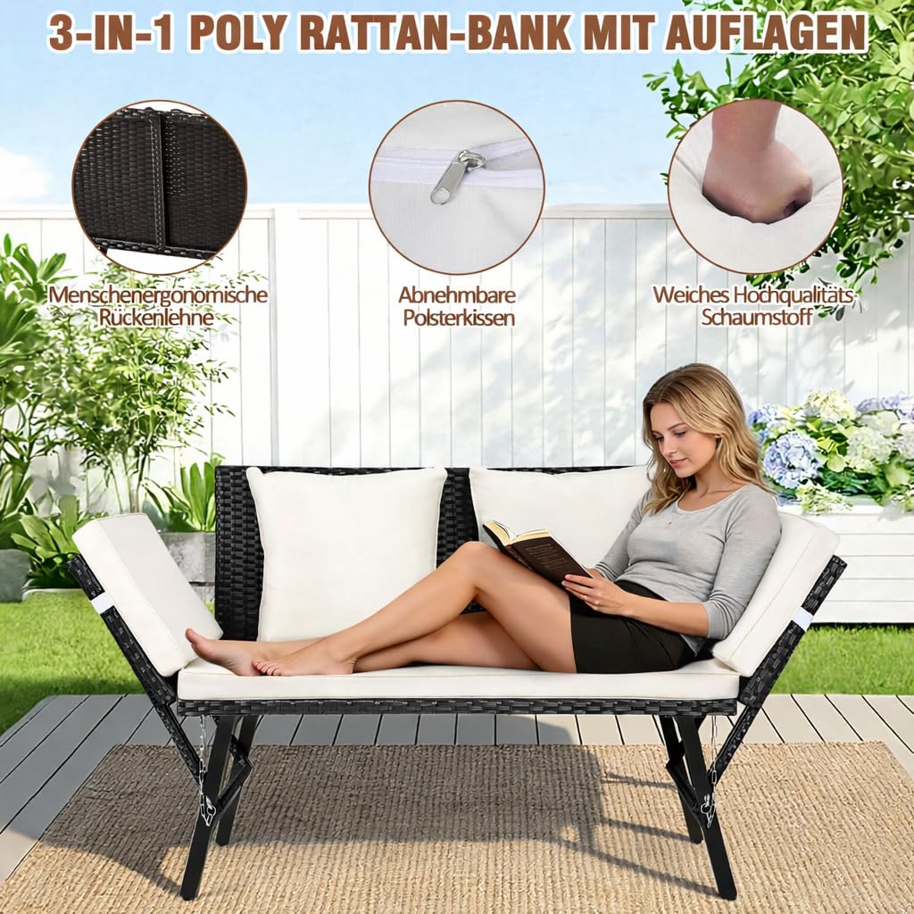 Panchina da giardino in polyrattan 3 in 1 con funzione sdraio, divano da giardino a 2 posti, braccioli pieghevoli (bulloni), mobili da salotto per esterni, con imbottitura spessa e cuscino
