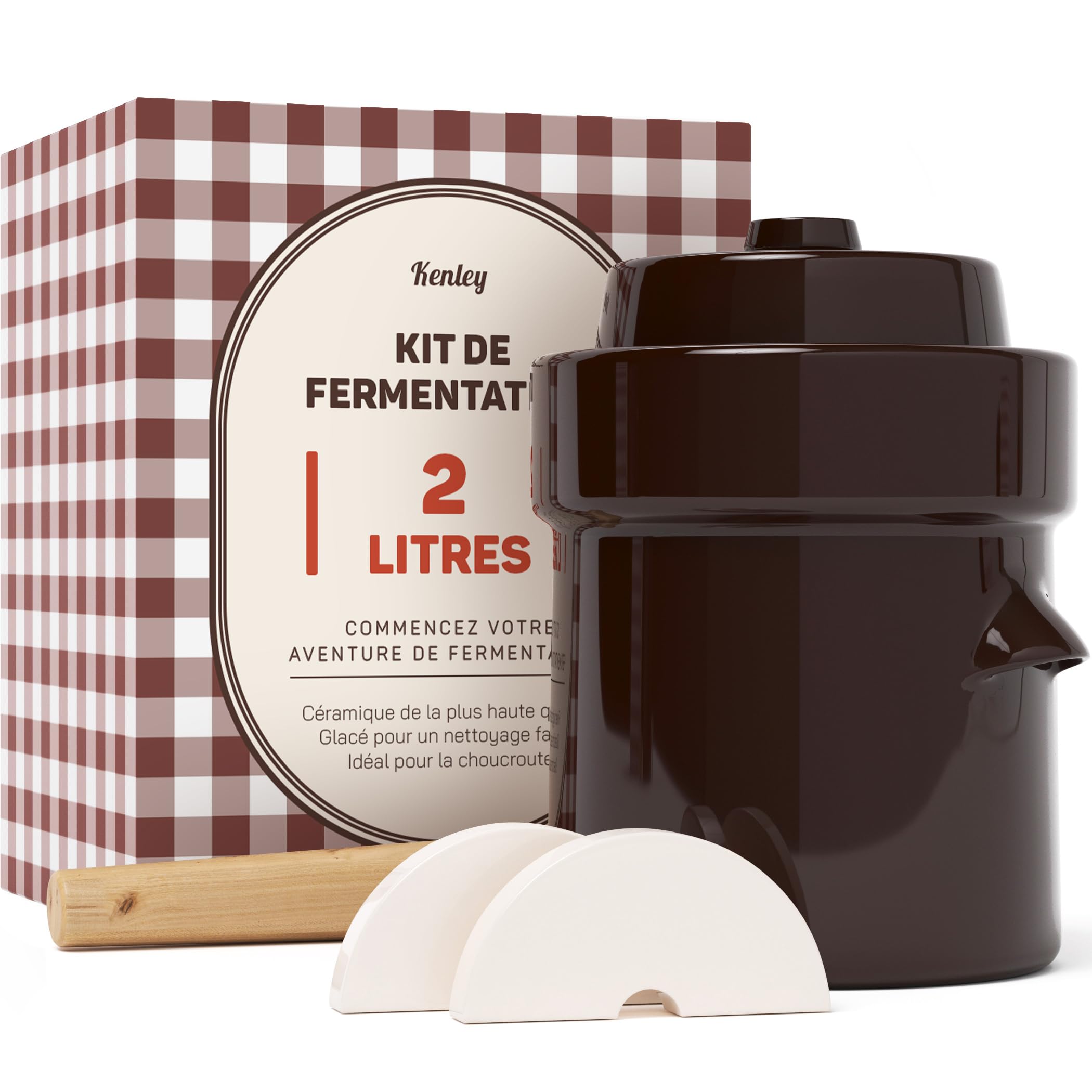 Kenley Pot de Fermentation 2 Litres - Jarre en Grès pour Fermenter ou Mariner Kimchi, Choucroute, Cornichons, Légumes, Kombucha - Fermenteur en Céramique avec Poids, Couvercle & Pilon