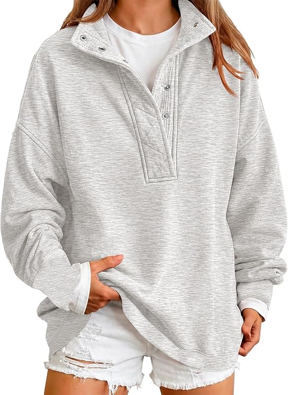 Mock Neck Sweatshirt for Women Oversized Casual Button Henley Neck Pullover