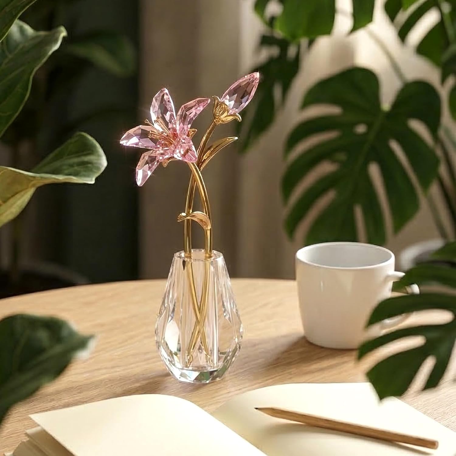 Crystal Tiger Lily Flowers with Crystal Vase Metal Stem Pink Lily Flower Collectible Gifts for Women, Glass Lilium Flower Artificial Floral Figurines for Home Wedding Party Decor