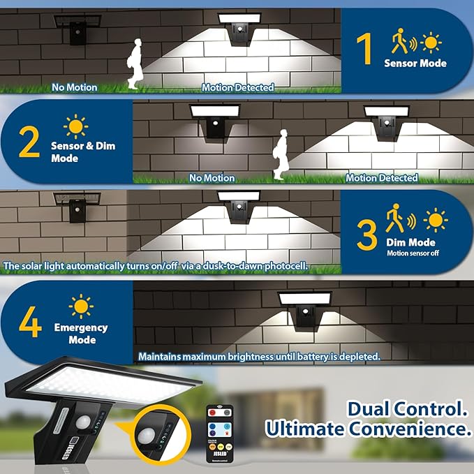 JESLED Solarlamp voor buiten, 【2 stukken】JESLED 90 LED solarlamp buiten Superheldere solarlamp met bewegingsmelder Beveiligingswandlamp 4 standen Waterdichte wandlamp tuin. Batterij vervangbaar photo 3