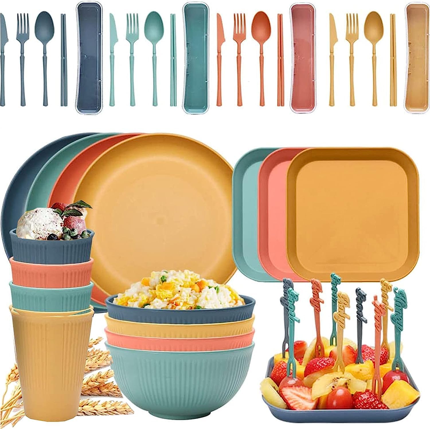 48Pcs Unbreakable Dinnerware Sets, Plastic Plates and Bowls Sets with
