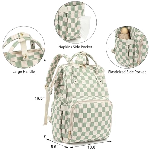 Miniatura 6 de Mochila para pañales de bebé para mamá, bolsa de pañales de viaje de gran capacidad para niños y niñas con correas para cochecito (pana a cuadros