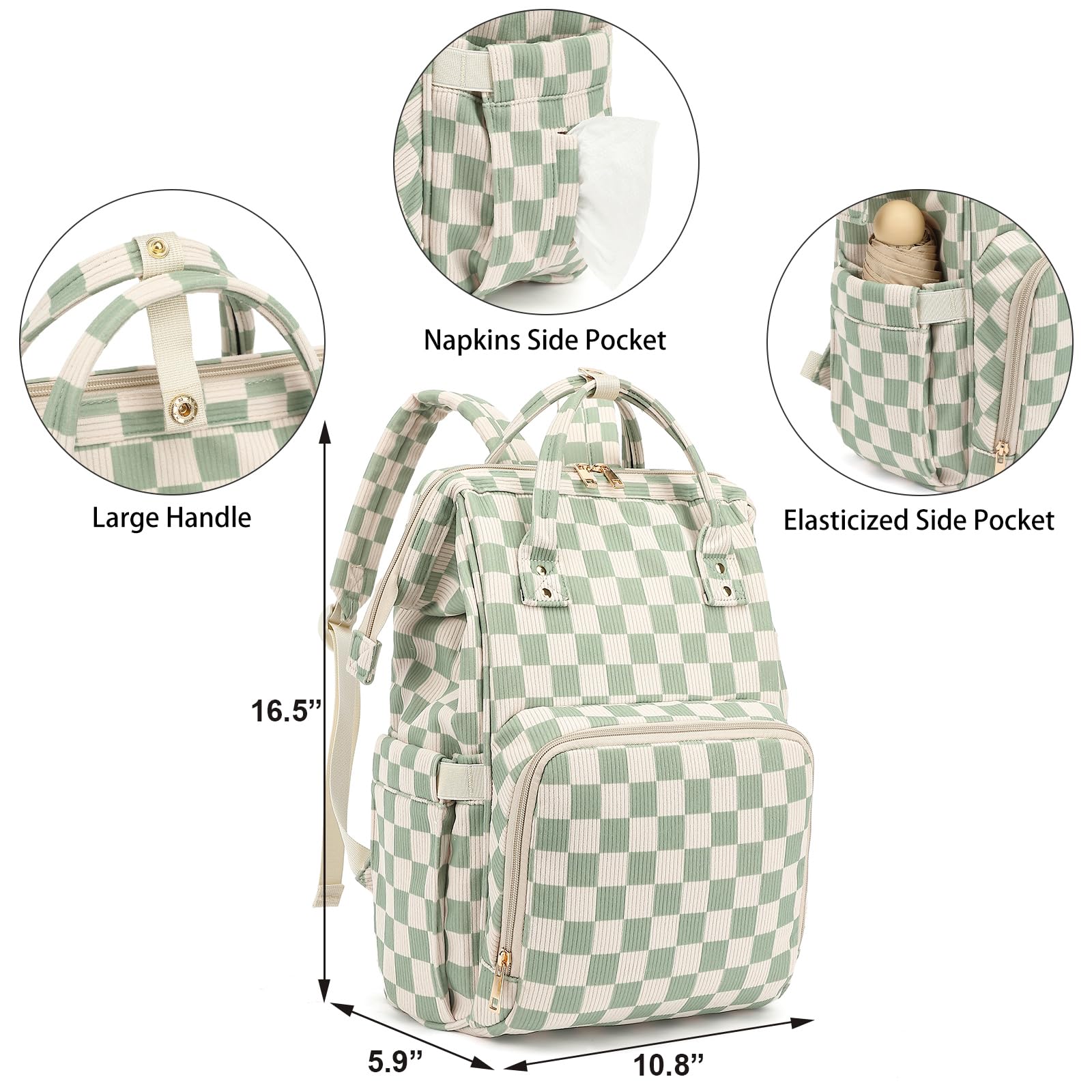 Baby Diaper Bag Backpack for Mom, Large Capacity Travel Nappy Bag for Boys & Girls with Stroller Straps (Corduroy Checkered Green)