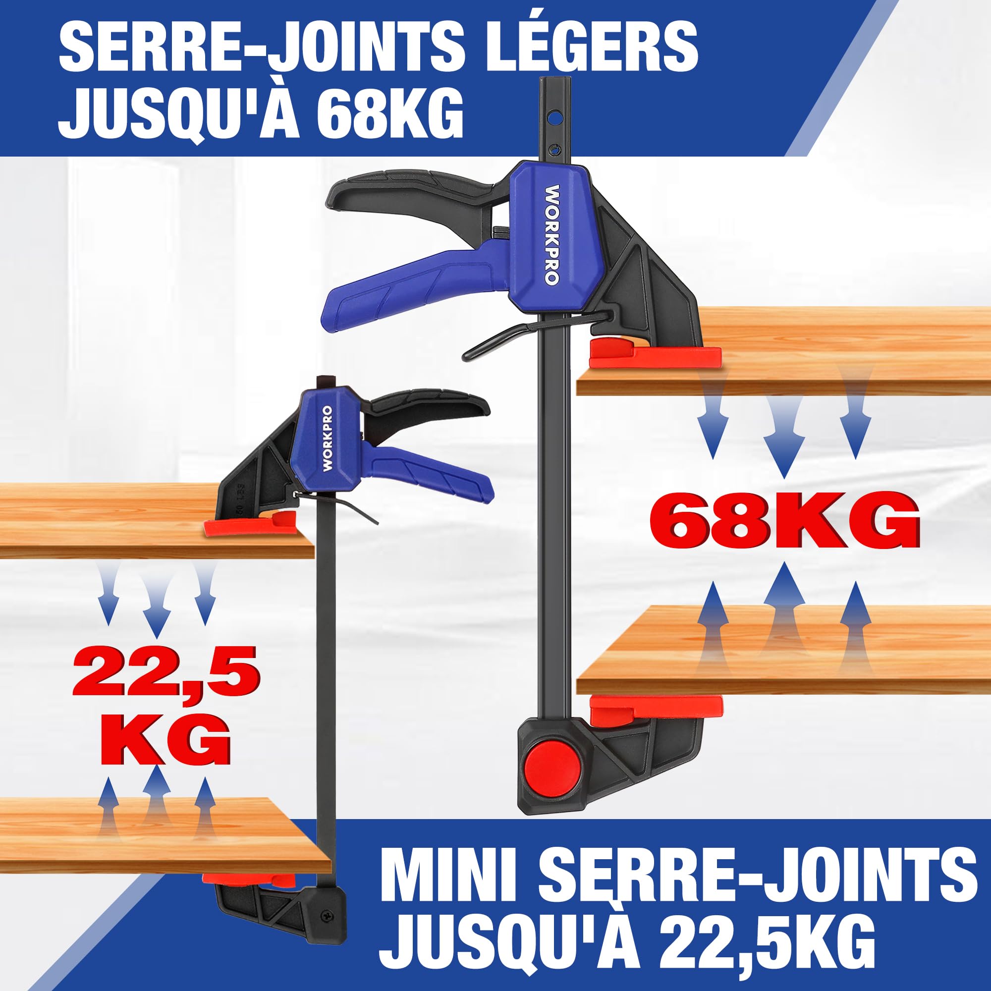 WORKPRO Lot de 6 serre-joints à une main 150 mm Force de serrage 22,5 kg/68 kg Envergure 150 mm 4 classiques et 2 mini serre-joints pour une fixation précise et le travail du bois