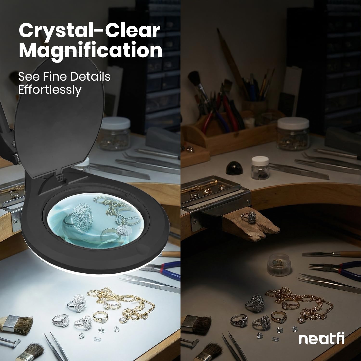 Neatfi Elite Super LED Magnifying Lamp with Clamp – 6” Glass Lens, 5D/12D Bifocal, 6500K Daylight | Glare-Free, Nonpolar Dimming | Reading, Crafting & Precision Work (6 Inch Lens, Black)