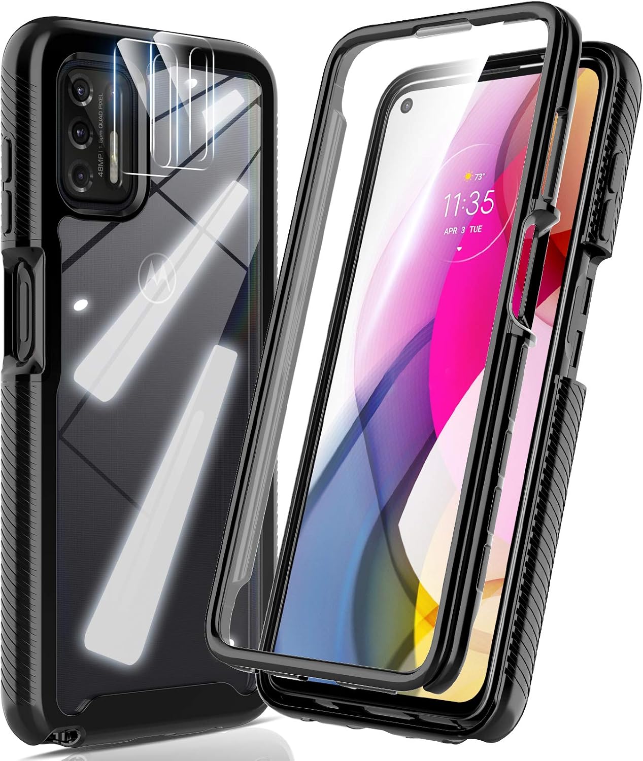HATOSHI Compatible with Motorola Moto G Stylus 2021 Case with Built in Screen Protector and 2 Pack Camera Lens Protector, Military-Grade Shockproof Protective Phone Cover for Moto G Stylus 2021, Black