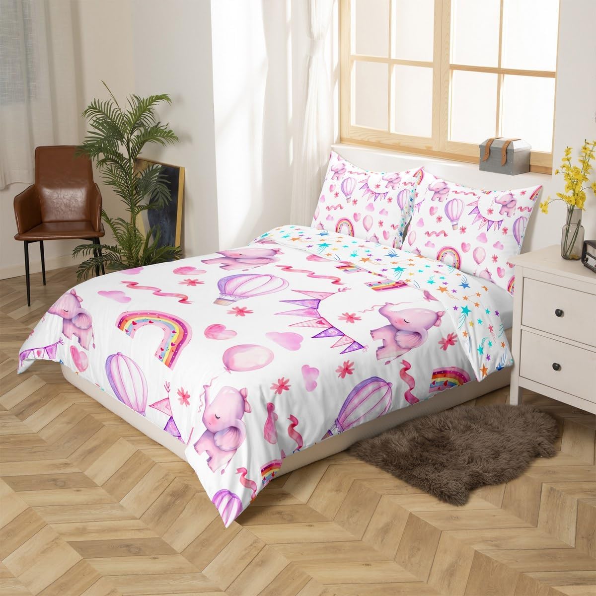 Kawaii Elephant Duvet Cover Set Toddler Size Hot Air Balloon Rainbow Comforter Cover Cute Cartoon Animal Bedding Set 2pcs for Kids Watercolor Clouds Bedspread Cover,Comforter Not Included