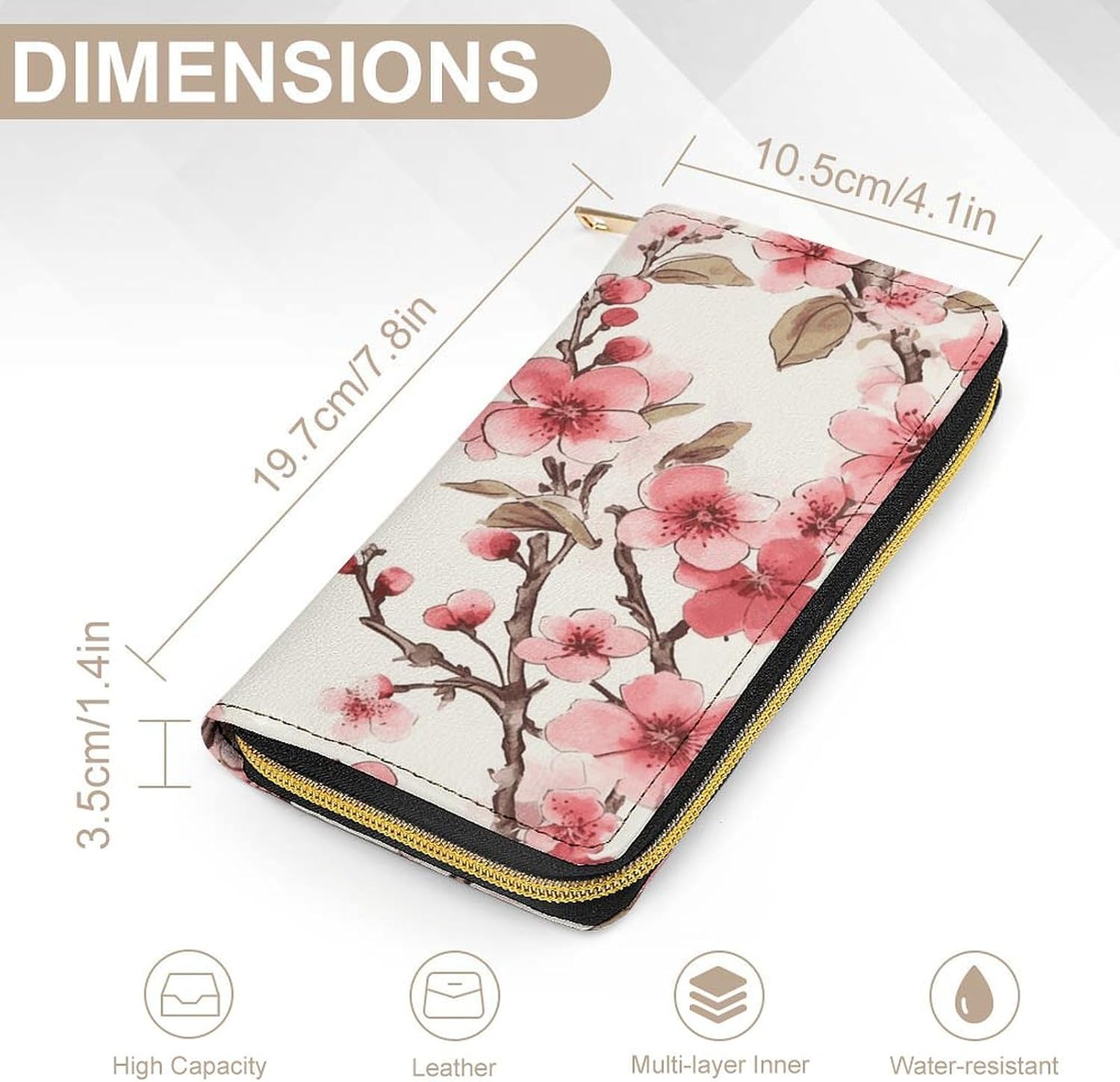 Leather Clutch Wallet with Zip, Hand Strap Cherry Blossom Wallet Purses And Handbags for Women, Large Capacity