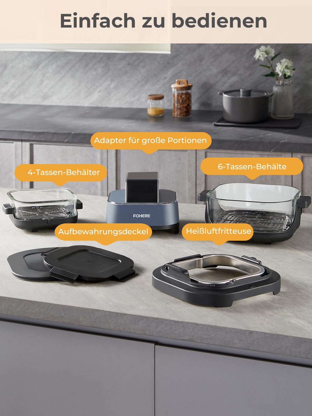 FOHERE 4L Tragbare Air fryer Heißluftfritteuse, 2 Glasbehälter, Blau, 1500W | 4-in-1: Heißluftfrittieren, Backen, Recrisp, Max Crisp. 1,5L Zusatzbehälter, spülmaschinenfest, 6 Portionen, tragbar