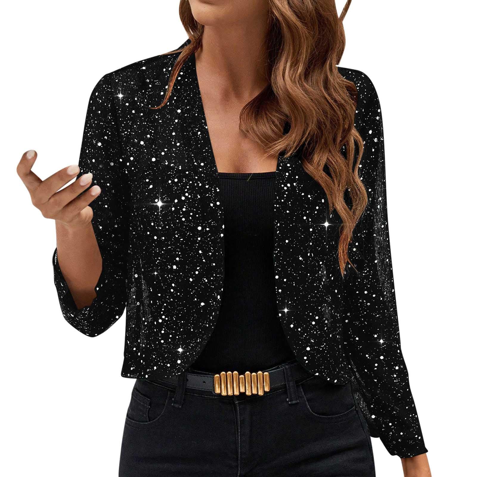 Womens Sequin Open Front Cardigan Lightweight Thin Cover-Up Coats for Party Wear Sparkly Jackets for Evening