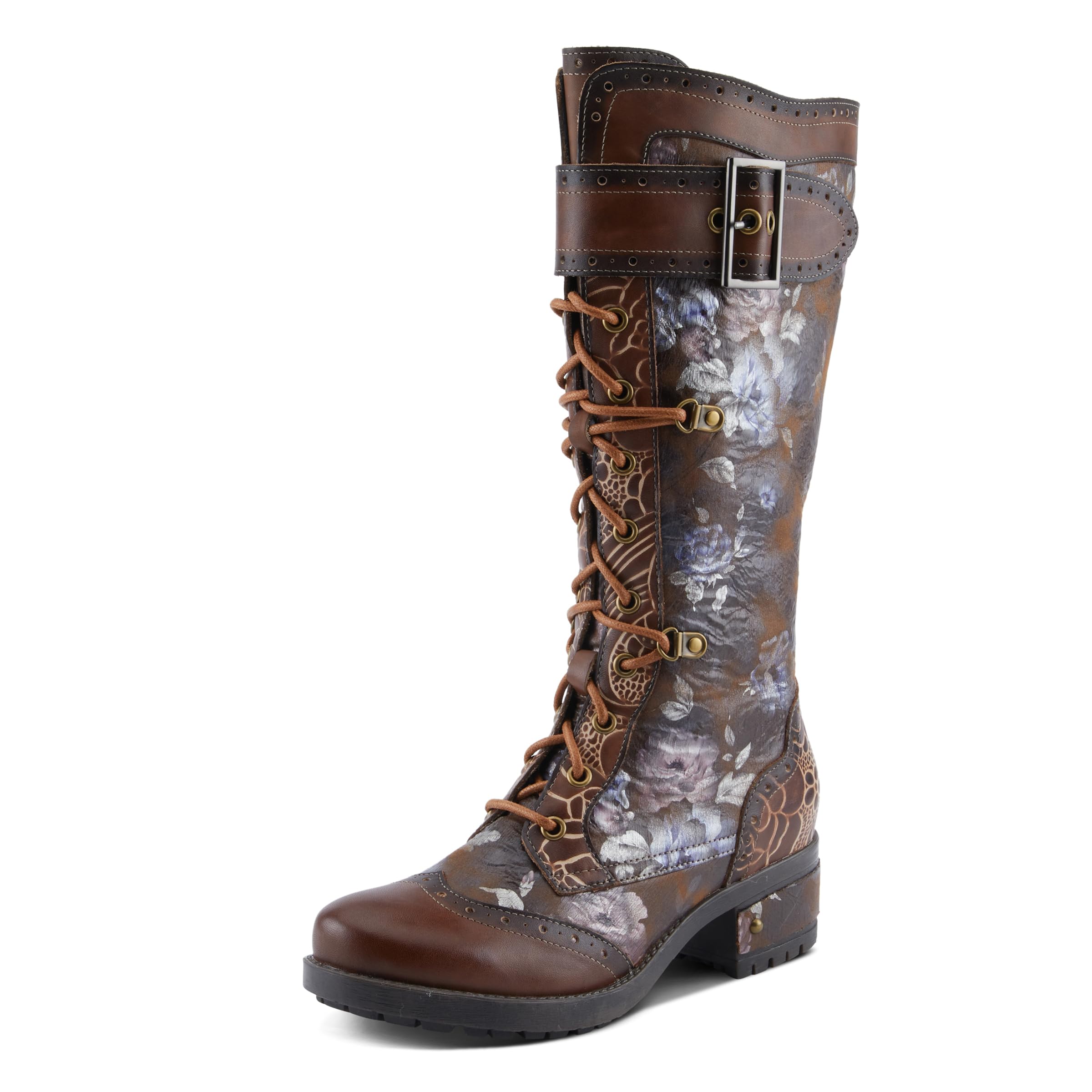 Spring Step L'Artiste Kisha Boss Women's Calf High Leather Boots – Hand Painted, Lace Up with Inside Zipper, Velvet Lining, Stretch Gore boots, Rubber