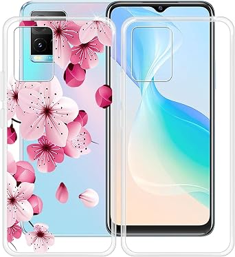 Phone Case for Vivo Y33s 6.58", 2 Pcs Shockproof Soft Silicone Bumper Shell, [Ultra-Thin ] [Anti-Yellowing] Clear Back Cover for Vivo Y33s - Clear + Peach Blossom