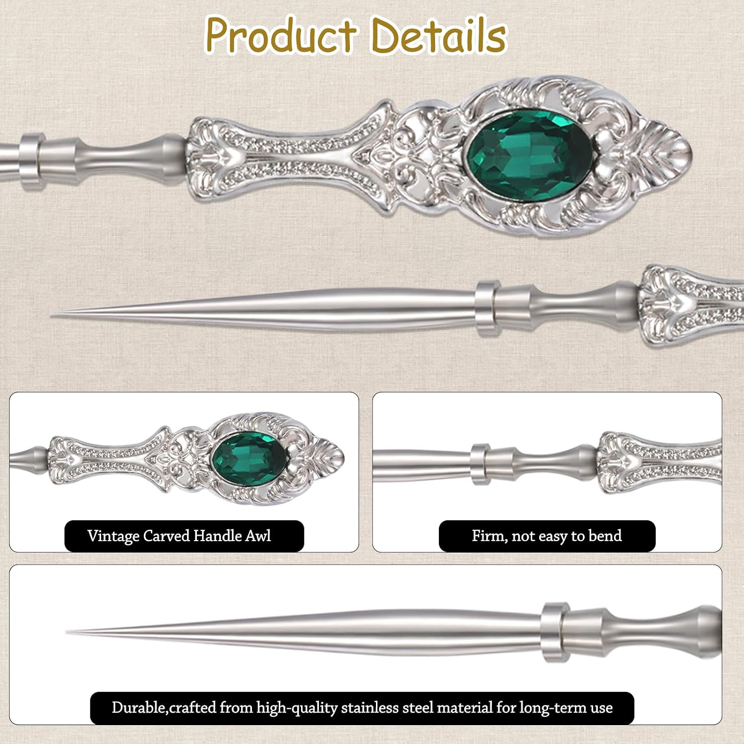 2Pcs Metal Embroidery Awl Set, European Vintage Carved Handle Scratch Awl, Sharp Sewing Awl Tool for Sewing with Storage Cases, Durable and Leather Punch Stitching DIY Craft(Silver)