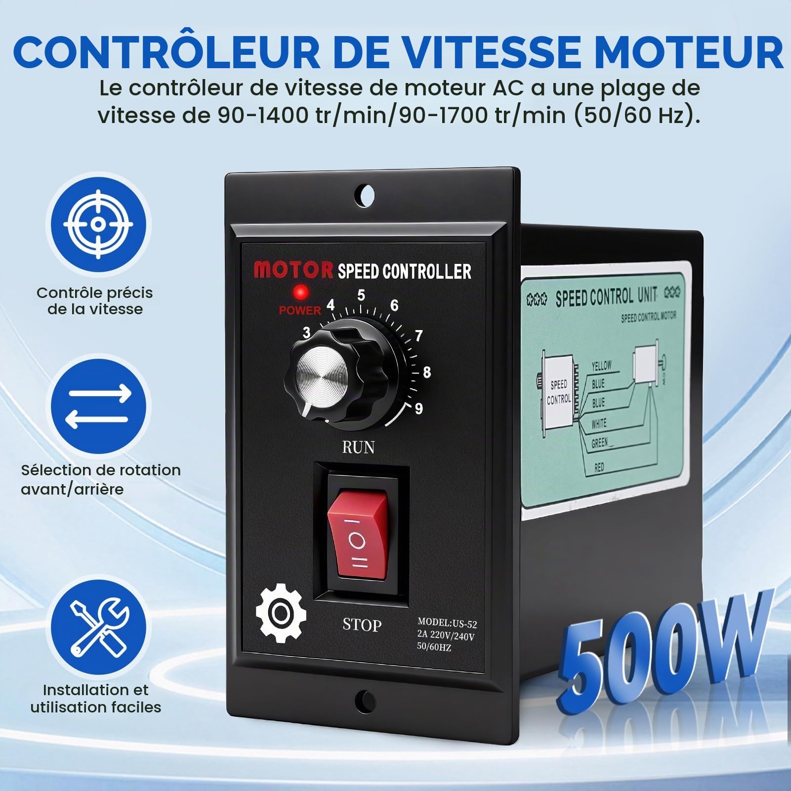 Variateur de Vitesse pour Moteur 220v 500W Régulateur de Vitesse du Moteur Monophasé Régulateur de Tension 220v Marche Avant/arrière Compatible avec les Moteurs des Séries YYDJ YCJT YYCJ et YCJFK