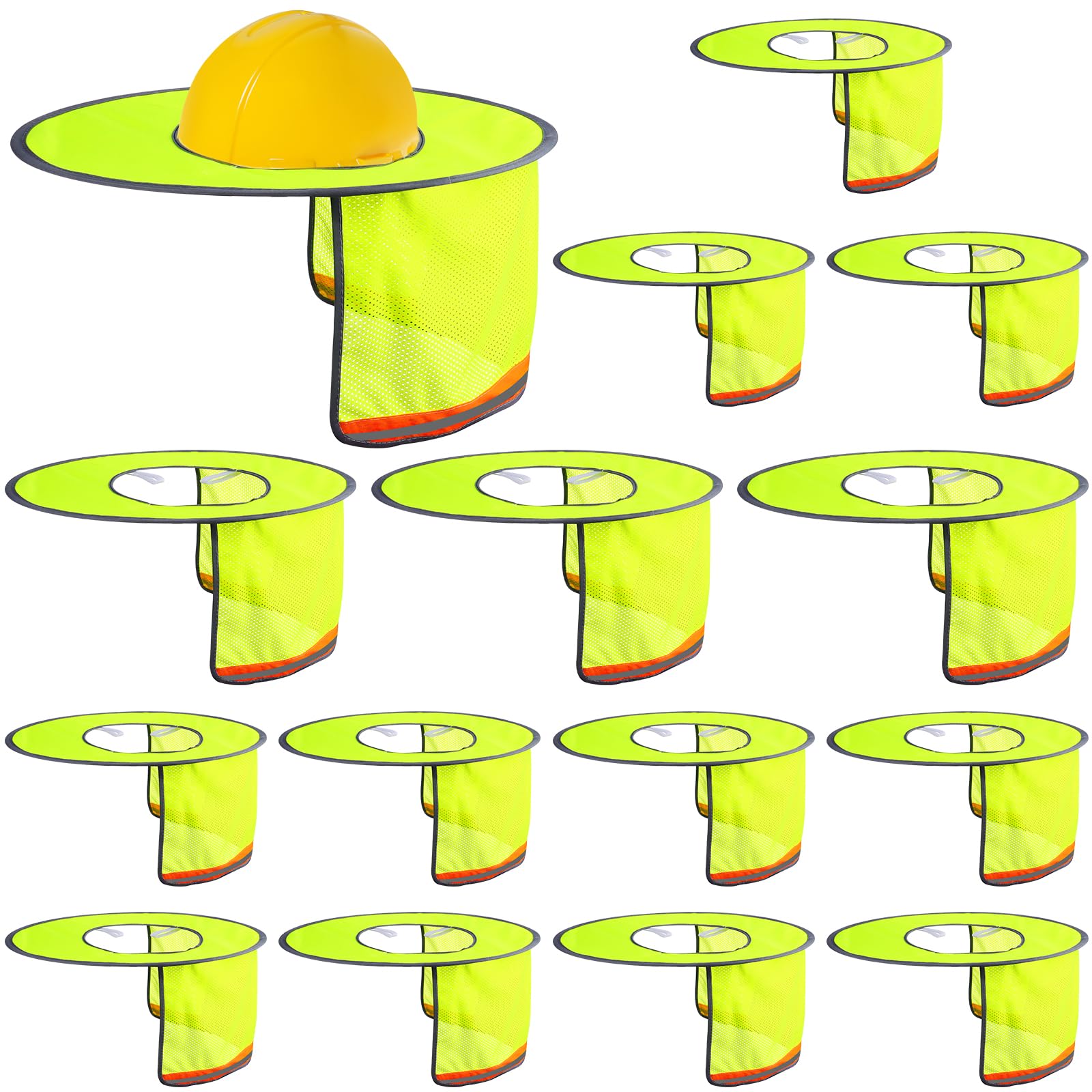 Paquete de 15 parasoles para casco duro, visera de ala completa, protector de malla para el cuello, visera de ala completa con tira reflectante, casco duro no incluido